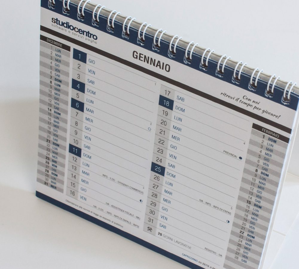 Calendario da tavolo per StudioCentro, società di servizio paghe di Vicenza