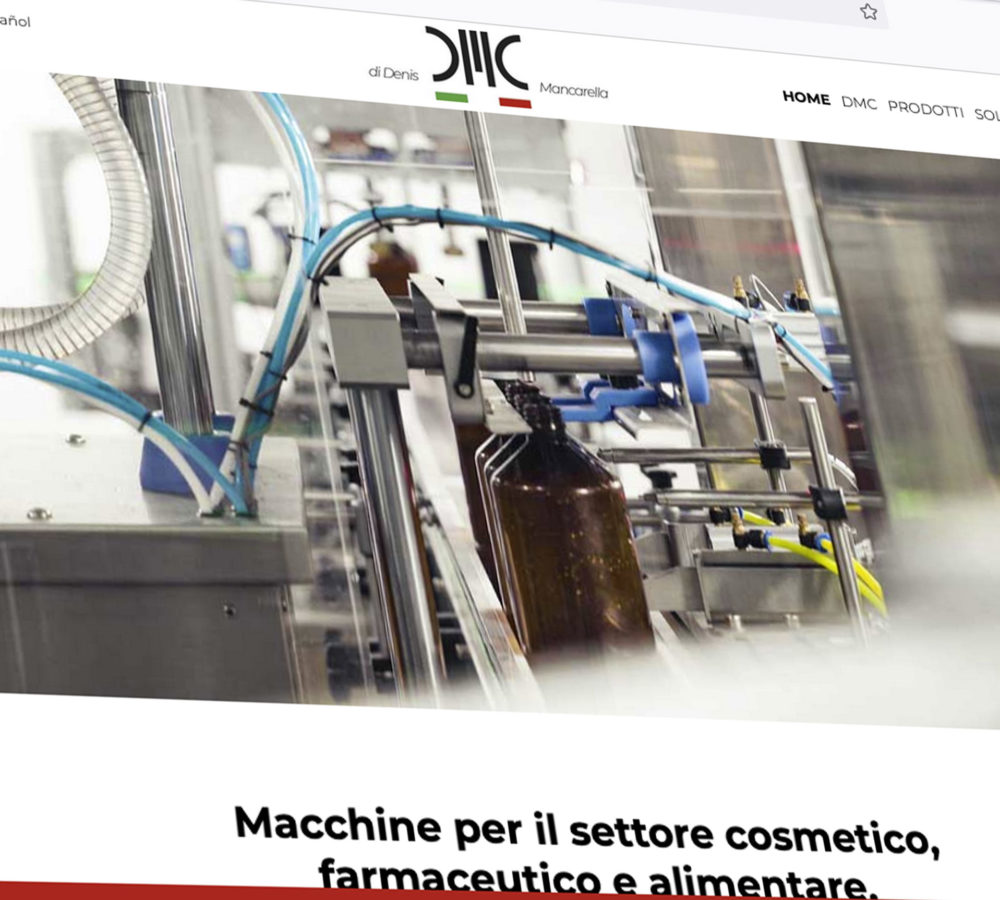 Screenshot dell'homepage del sito web DMC che vende macchine per il settore cosmetico, farmaceutico e alimentare