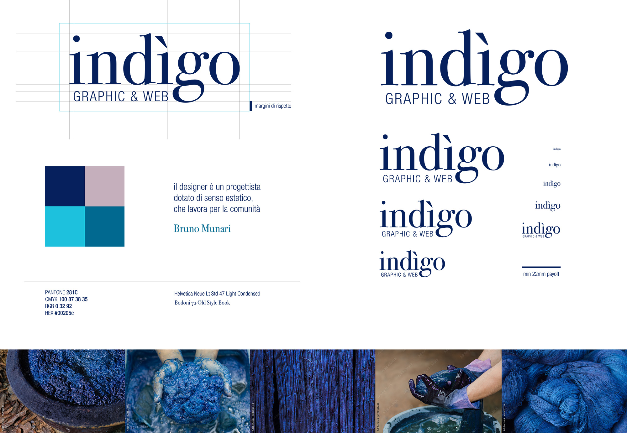 Il mood indigo: una panoramica di immagini e grafiche che restituiscono l'essenza di indigo: artigianalità, qualità, colori, lettering, rigore estetico, ecc.